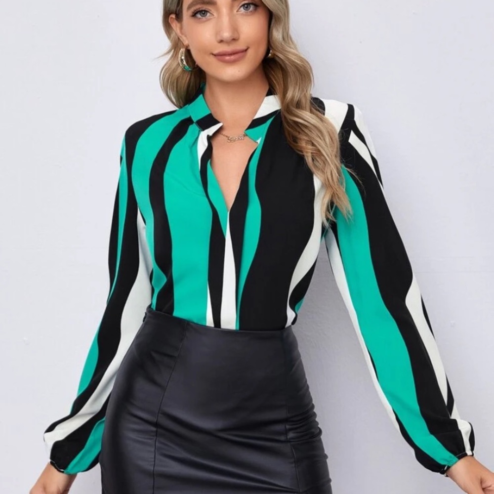 Colorblock Notched Neck Blouse, never worn!